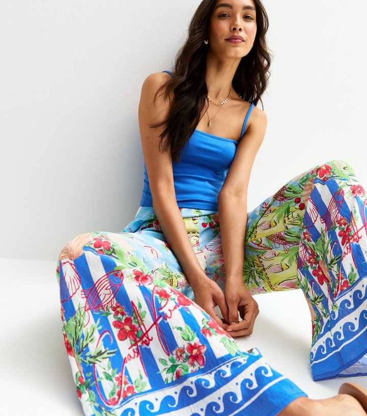 Blue Shell Print Wide Leg Trousers