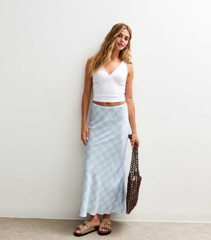  Blue Check Print Bias Cut Midi Skirt