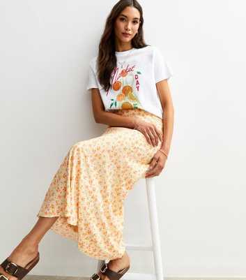White Floral Print Bias Cut Midi Skirt