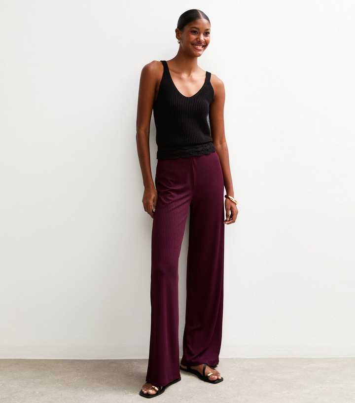 Dark Burgundy Ribbed Wide Leg Trousers