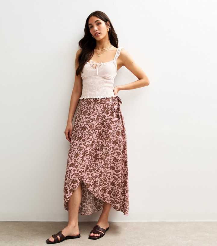 Pink Floral Print High Low Wrap Midi Skirt New Look