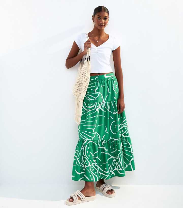 Green Shell Print Poplin Tiered Midi Skirt