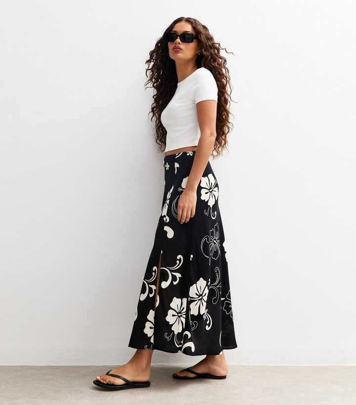 Petite Black Hibiscus Print Side Slit Midi Skirt