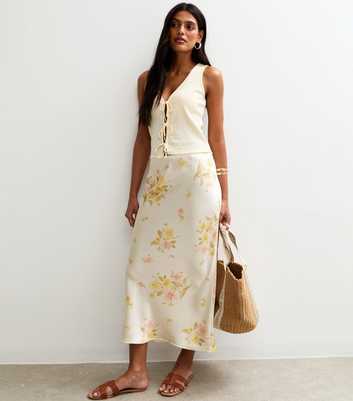 White Daisy Print Satin Midi Skirt