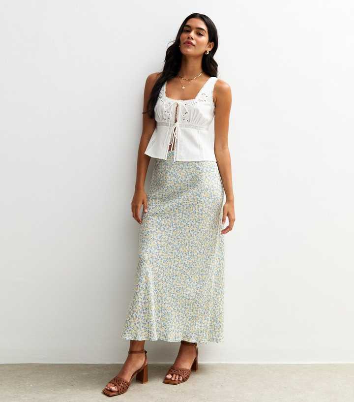 White Floral Print Bias Cut Midi Skirt
