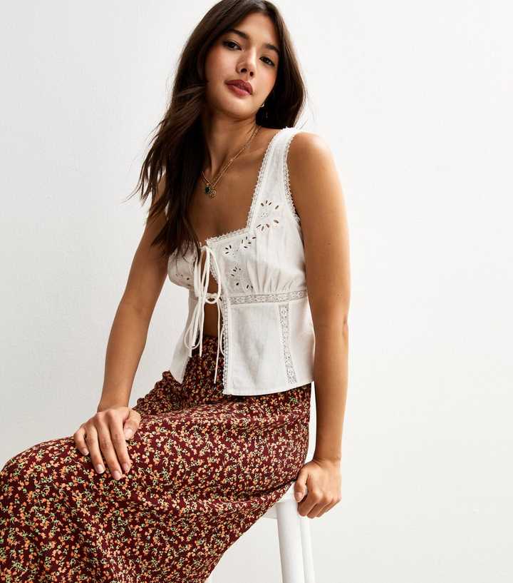 Brown Floral Print Bias Cut Midi Skirt