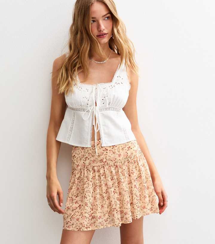 Pink Floral Print Chiffon Mini Skirt