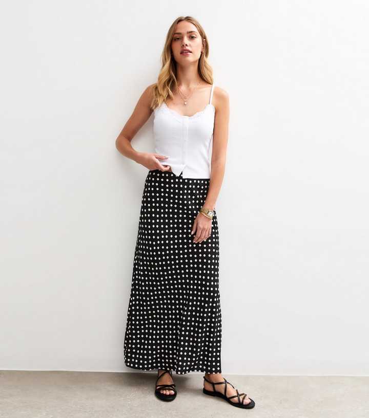 Black Spot Print Bias Cut Midi Skirt