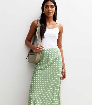 Green Spot Print Bias Cut Midi Skirt