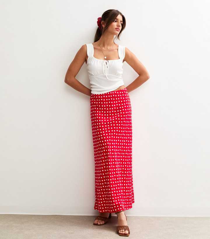 Red Spot Print Bias Cut Midi Skirt
