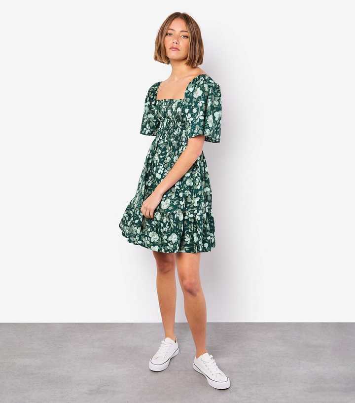 Apricot Green Floral Print Smocked Mini Dress