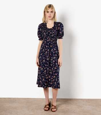 Apricot Navy Floral Print Short Sleeve Midi Dress