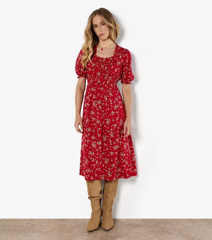 Apricot Red Floral Print Short Sleeve Midi Dress