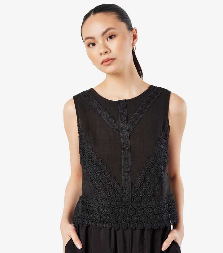 Apricot Black Lace Hem Back Bow Sleeveless Top