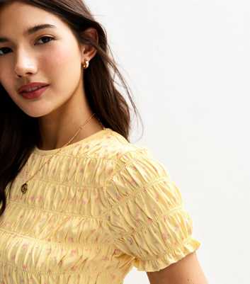 Yellow Floral Print Shirred T-Shirt
