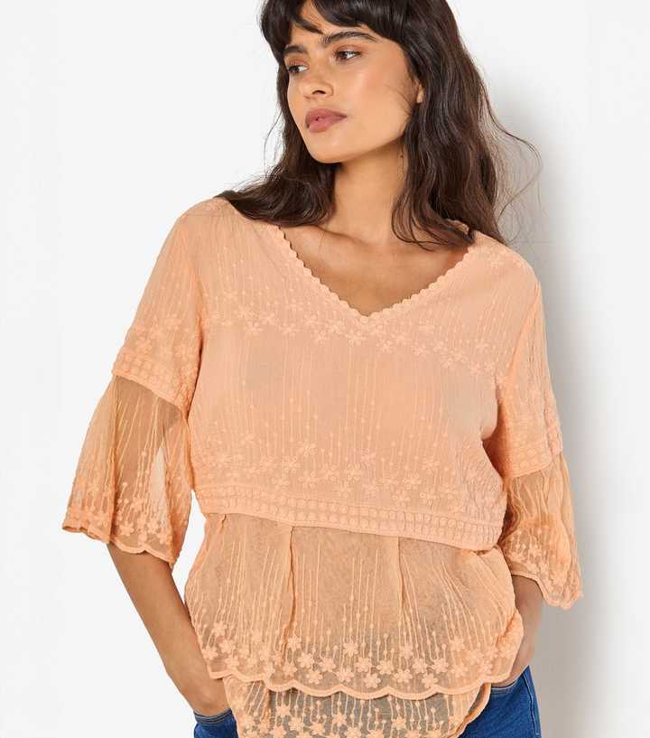 Apricot Peach Floral Embroidered Cotton Top