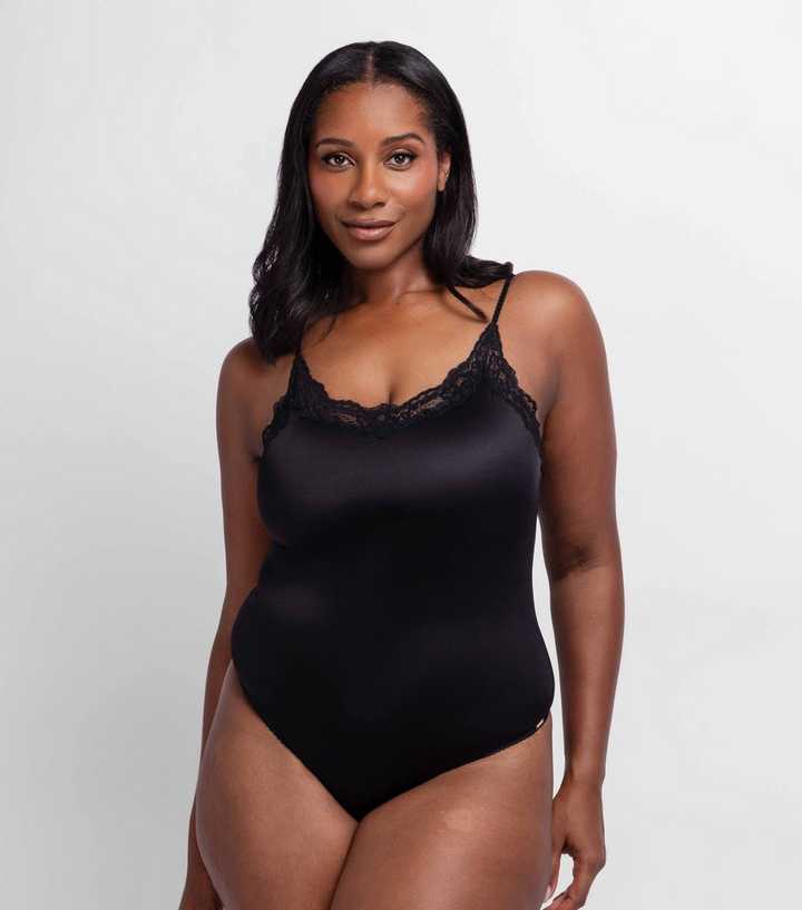 Dorina Black Shiny Lace Trimmed Bodysuit
