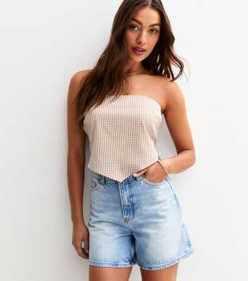 Brown Textured Gingham Print Handkerchief Hem Bandeau Top