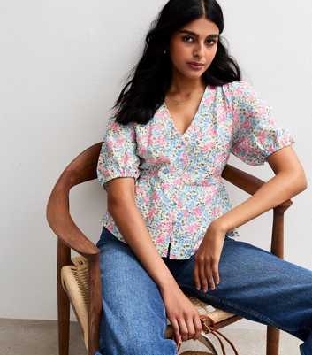 Pink Floral Print Creased Texture Tea Blouse
