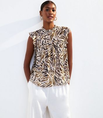 Brown Zebra Print Ruffle Trim Top New Look