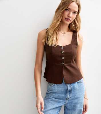 Brown Button Up Tie Back Sleeveless Top