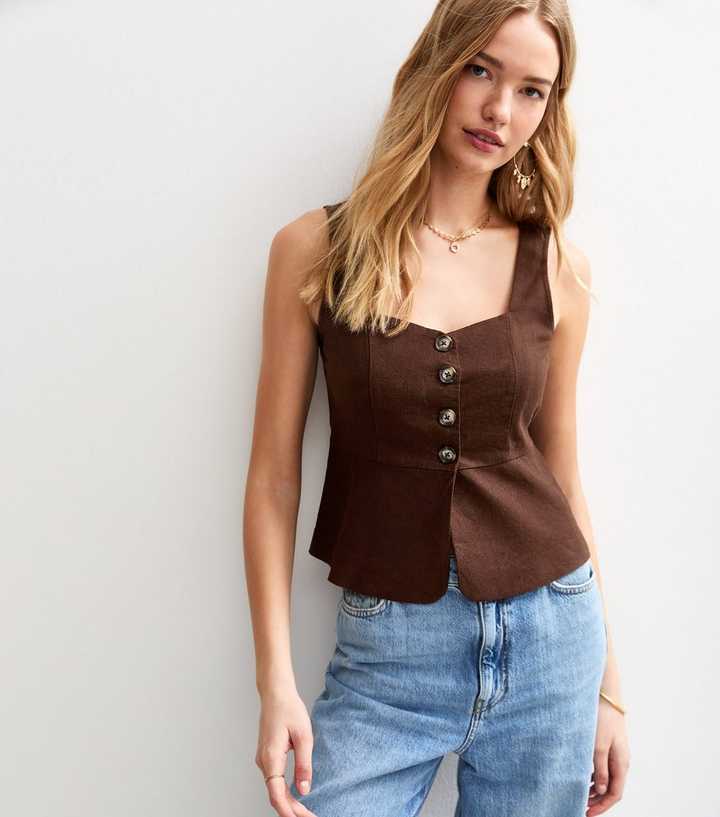 Brown Button Up Tie Back Sleeveless Top
