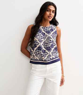 Blue Leaf Print Sleeveless Top