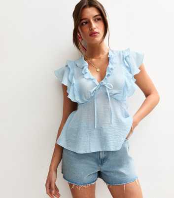 Light Blue Crinkle Texture Frill Trim Cap Sleeve Top