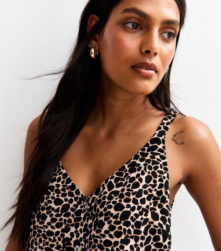 Brown Leopard Print Button Through Cami Top