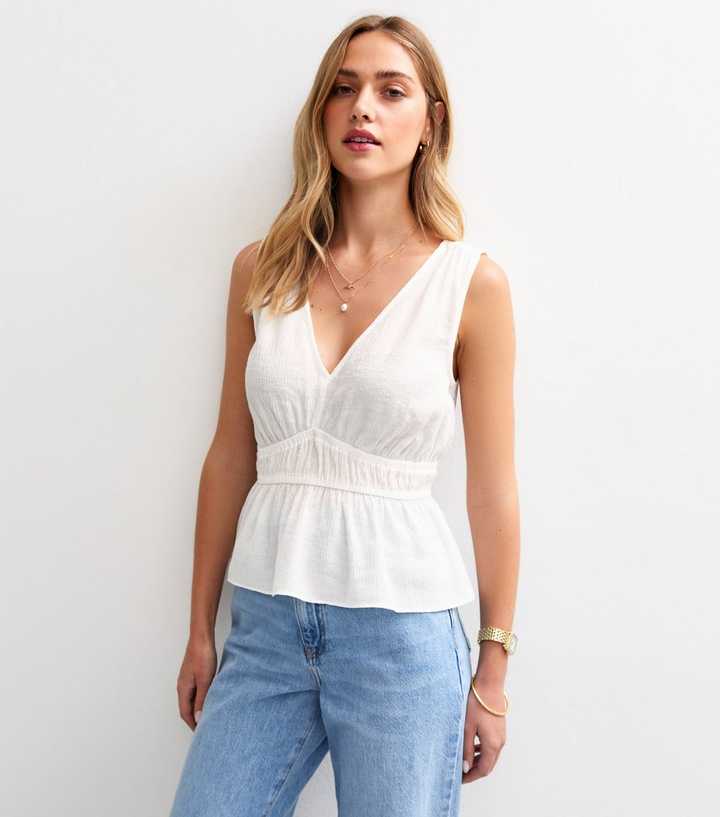 White Textured V Neck Shirred Waist Top