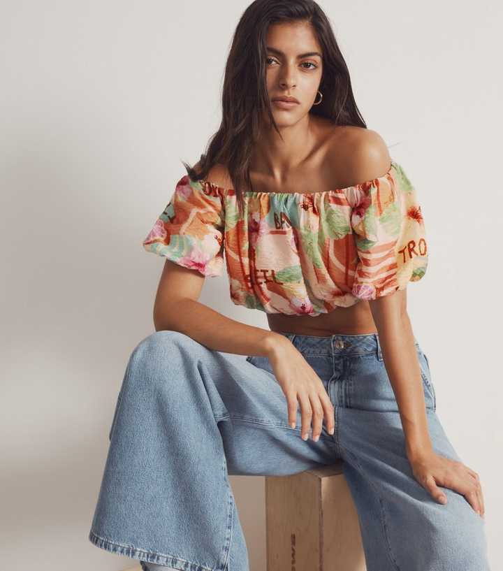 Orange Tropical Print Off Shoulder Textured Cropped Top