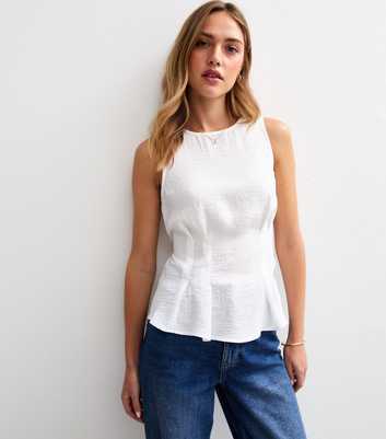 White Crinkle Texture Pleated Waist Peplum Top