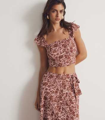 Brown Floral Print Frill Strap Crop Top
