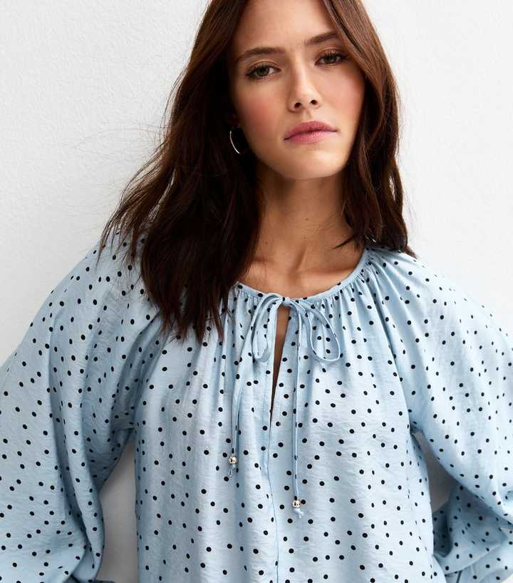 Blue Spot Print Textured Tie Neck Blouse