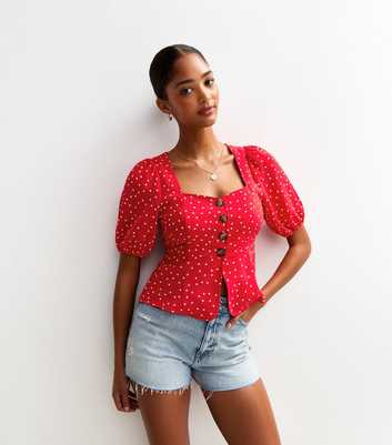 Red Polka Dot Puff Sleeve Top
