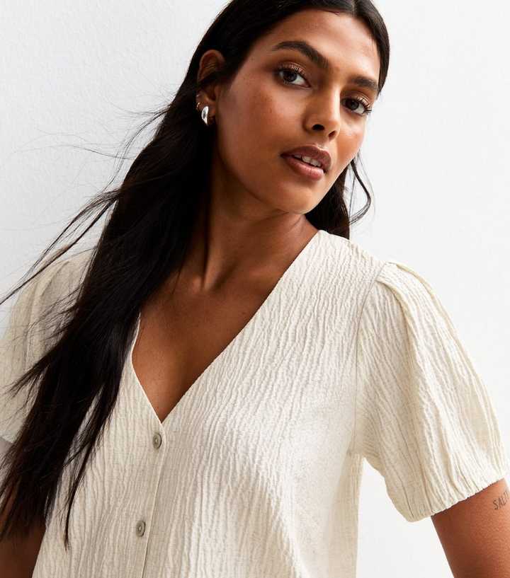 Stone Textured Button Front Short Sleeve Blouse