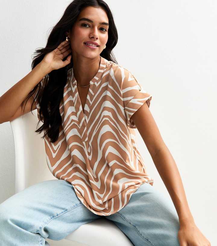  Brown Zebra Print V Neck Relaxed Top