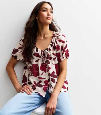 Red Textured Floral Silhouette Print Tie Button Front Top