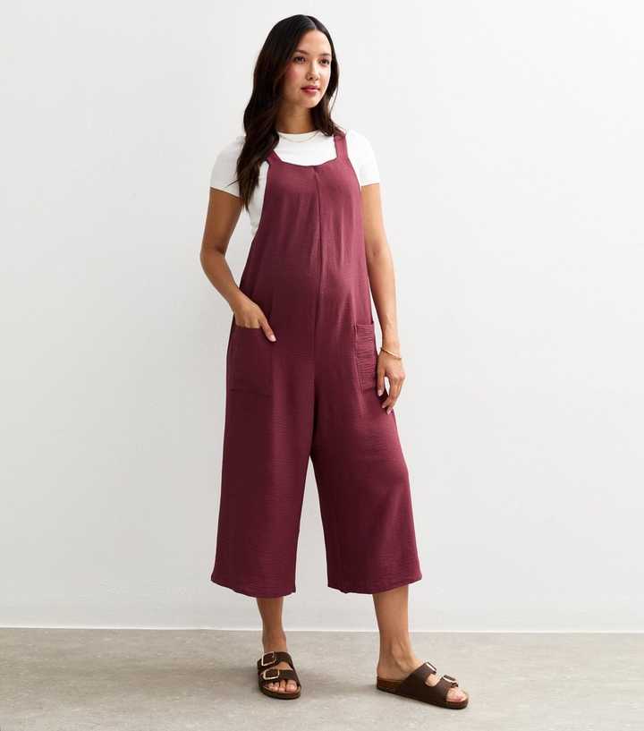 Maternity Light Burgundy Crinkle Texture Cropped Leg Jumpsuit