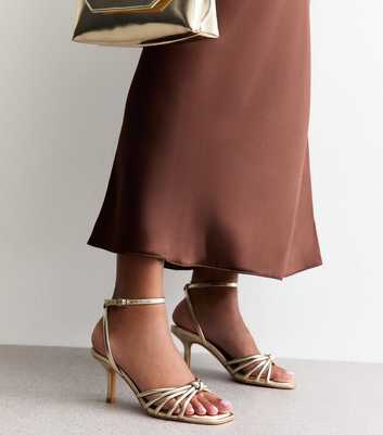 Gold Faux Leather Knot Detail Low Stiletto Sandals