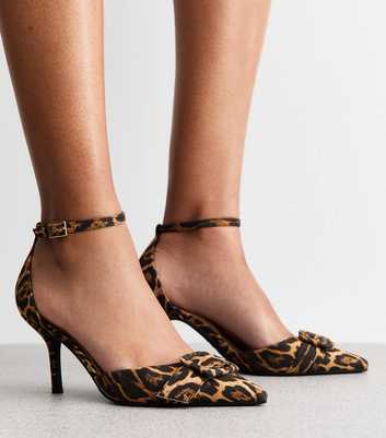 Stone Leopard Print Buckle Front Stiletto Open Court Shoes