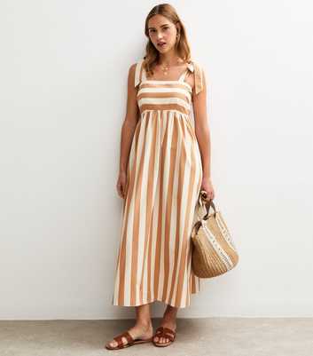 Brown Striped Tie Strap Midi Dress