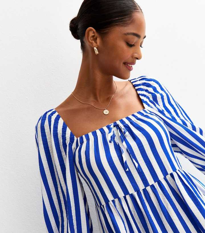Blue Striped Smock Tiered Mini Dress | New Look