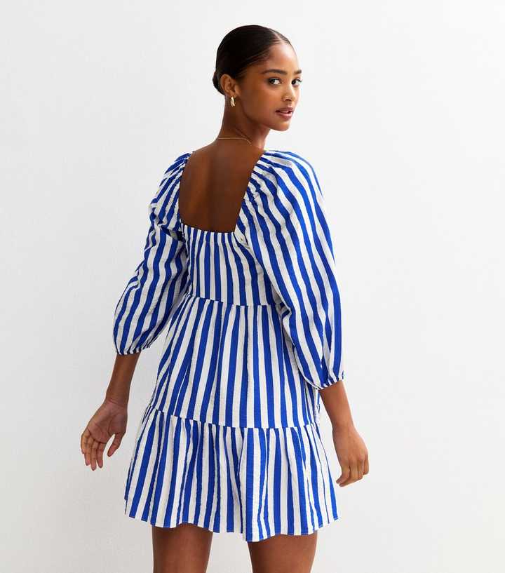 Blue Striped Smock Tiered Mini Dress | New Look