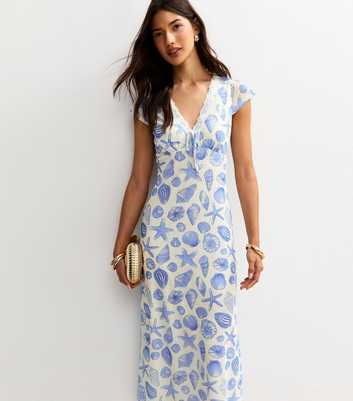 Cream Shell Print V-Neck Midi Dress