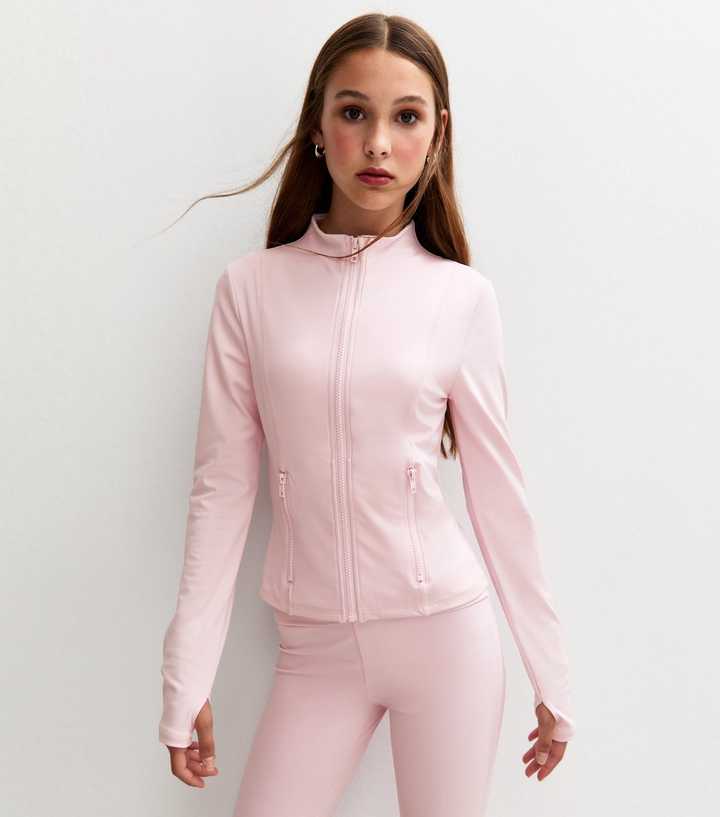 Girls Light Pink Long Sleeve Zip Up Sports Top