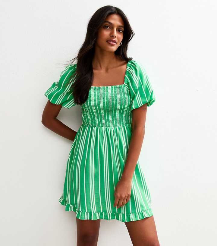 Green Striped Puff Sleeve Mini Dress | New Look