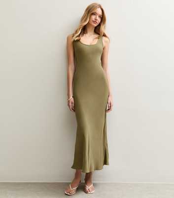 Khaki Scoop Neck Midaxi Dress with Linen
