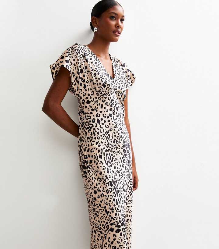 Off White Leopard Print Satin Bias Cut Midi Dress