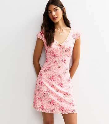 Pink Floral Print Mesh Mini Dress